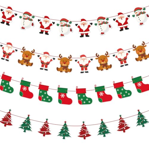 jijAcraft Christmas Banners 4 Pack ? Xmas Decorations with Santa, Snowman, Reindeer & Tree Designs, Pre-Assembled Hanging Bunting Garland for Christmas Party, New Year, School, Office, Fireplace