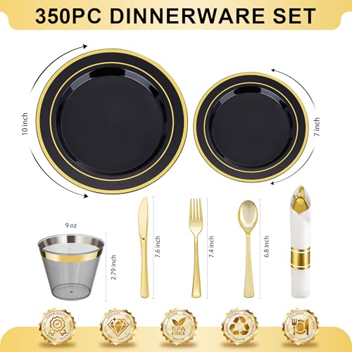 Black Gold Disposable Dinnerware Set for 50 Guests - 350 Pieces