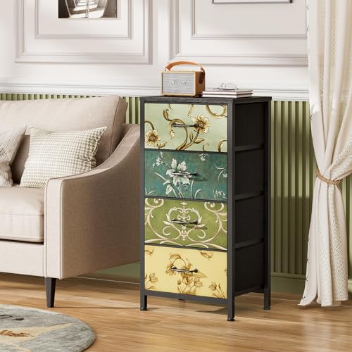 Furnulem 4 Drawer Dresser - Vintage Fabric Nightstand with Wooden Top - 11.8 x 15.8 x 31.5 Inches