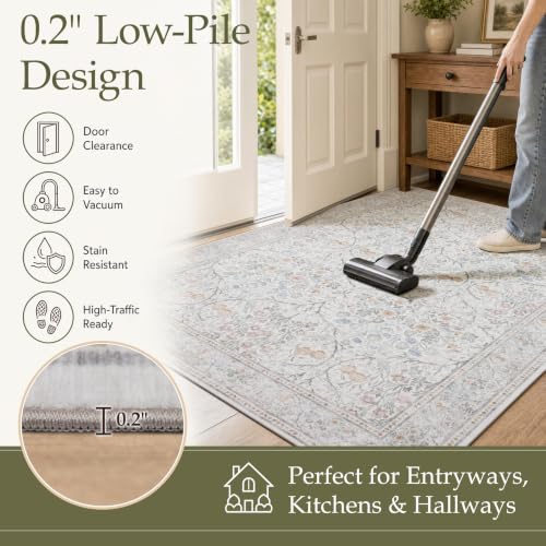 Beige 5x7 Area Rug with Floral Pattern - Washable Faux Cashmere Living Room Carpet - JOLLYVOGUE Variation