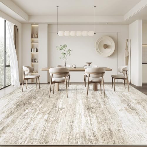 8x10 Beige Washable Area Rug - Soft Modern Abstract Non-Slip Carpet for Living Room & Bedroom