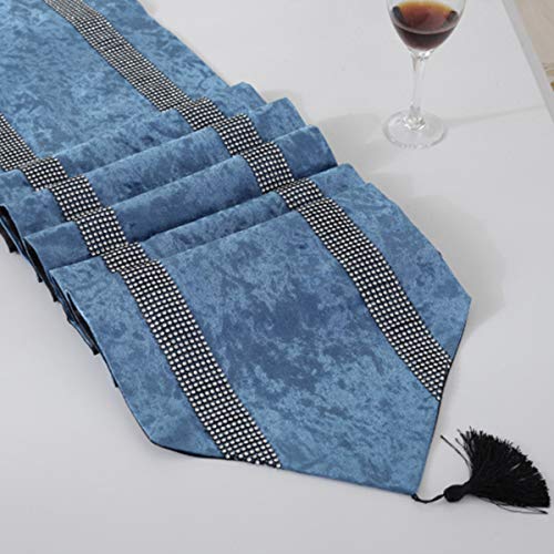 San Tungus 13x72 Inch Blue Bilateral Rhinestone Table Runner with Diamante Strip & Tassels