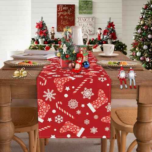 Christmas Table Runner£¬Red Table Runners with Snowflake Candy Prints Xmas Table Cloth Decorations and Supplies for Home Kitchen Dining Room Holiday Party Decor (Red-1, 13x72 Inches)