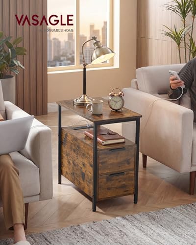 VASAGLE Rustic Brown & Ink Black Side End Table with Charging Station, Narrow Nightstand with Storage - 23.6"D x 11.8"W