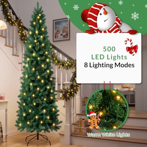 9 ft Pre-Lit Pencil Christmas Tree, Slim Artificial Green