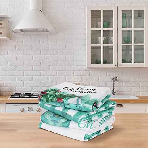 Kajaia 4 Pieces Christmas Teal Kitchen Towels and Dishcloths Merry Christmas Truck Gnome Kitchen Towels Blue Buffalo Plaid Hand Towels Turquoise Blue Dish Towels Teal Christmas Kitchen Decor(Gnome)