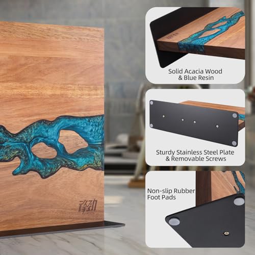 Magnetic Knife Block - Double-Sided Acacia Wood & Blue Resin Holder - 12x10 Inches - Blue