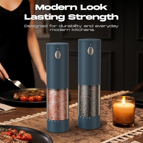Rechargeable Electric Salt and Pepper Grinder Set - Blue 2-Pack with Adjustable Coarseness