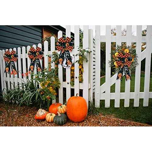 2-Piece Halloween Decorations: Orange & Black Buffalo Plaid Bows for Pumpkin Wreaths & Front Door