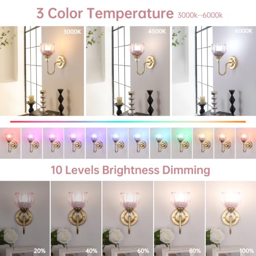 Set of 2 Pink Tulip Battery Operated Wall Sconces with Remote, Dimmable & Rechargeable 5000mAh Lights for Bedroom & Living Room