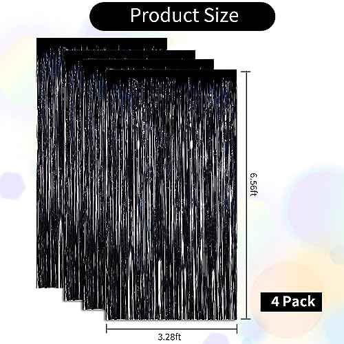 BEISHIDA 4 Pcs Black Door Streamers Tinsel Curtain Party Streamers Backdrop Fringe Foil Wall Background for Birthday Halloween Christmas Wedding Party Decoration(3.28 ft x 6.56 ft)