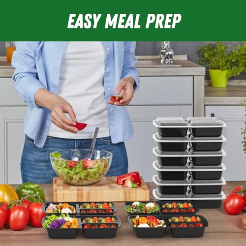 Dealusy 50 Pack 32 oz Reusable Meal Prep Containers with Lids - Black, 3-Compartment