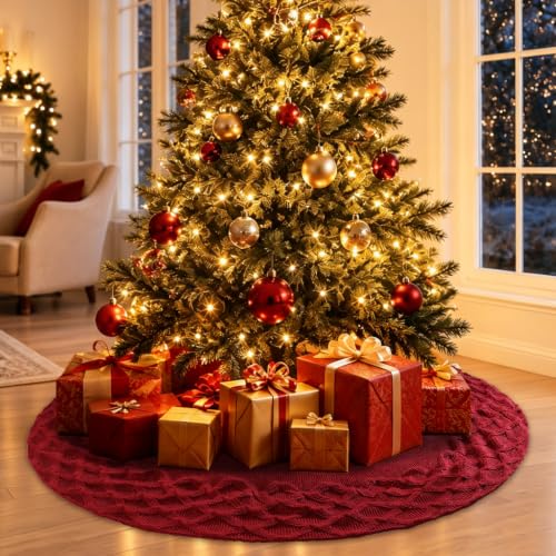 TOCHGREEN Red Knitted Christmas Tree Skirt 48 inches Chunky Knit