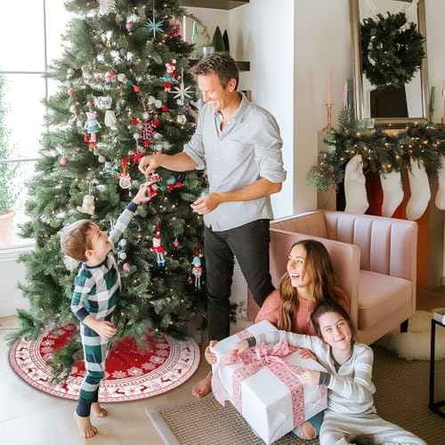 Christmas Tree Skirt Large Xmas Tree Skirts with Snowflake and Reindeer Pattern Decorations for Winter Christmas Holiday Party Decor Indoor 36 Inches