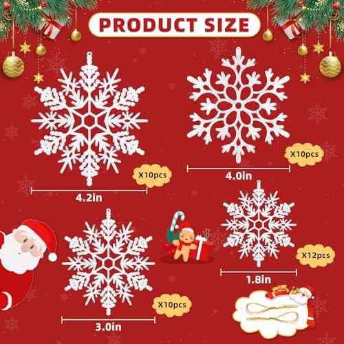 42pcs White Snowflake Ornaments - Christmas Tree Decorations, Hanging Snowflake Decor, Plastic Glitter Snow Flakes for Christmas, Winter, Party