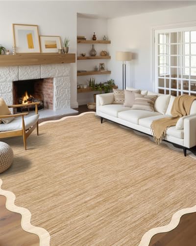 Light Brown 8x10 Scalloped Washable Rug Non Slip for Living Room