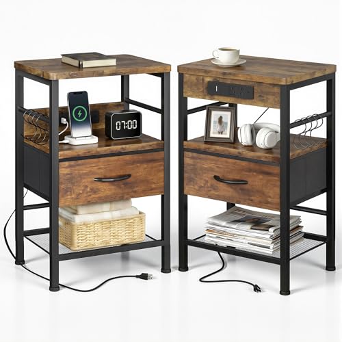 Rustic Brown Nightstands Set of 2 with Charging Station, Bedroom Night Stands