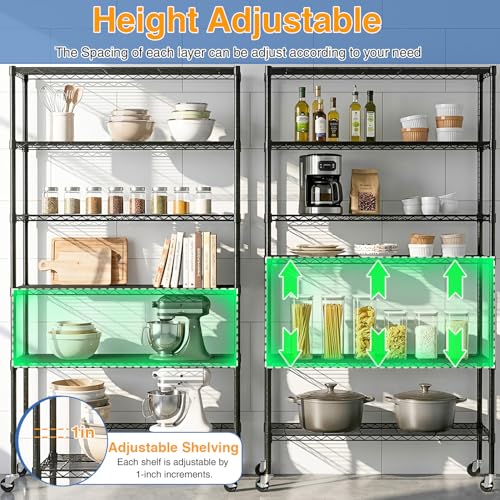 18x45x82-Inch 6-Tier Wire Shelving Unit with Locking Casters - Black