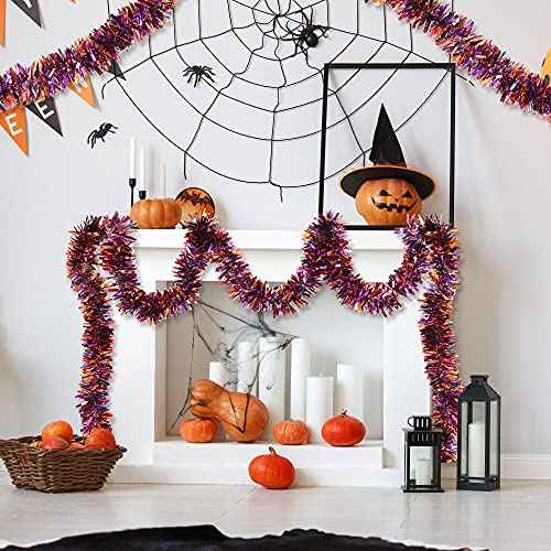 DIYDEC 33FT Halloween Tinsel Garlands, 5pcs Black Purple Orange Glittering Hanging Metallic Garland Decorations for Halloween Home Indoor Outdoor Party Ornaments