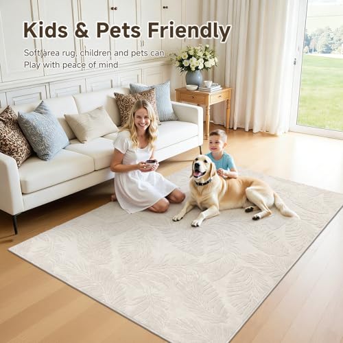 Beige 6x9 Area Rug - Machine Washable Non Slip Plush Living Room Carpet