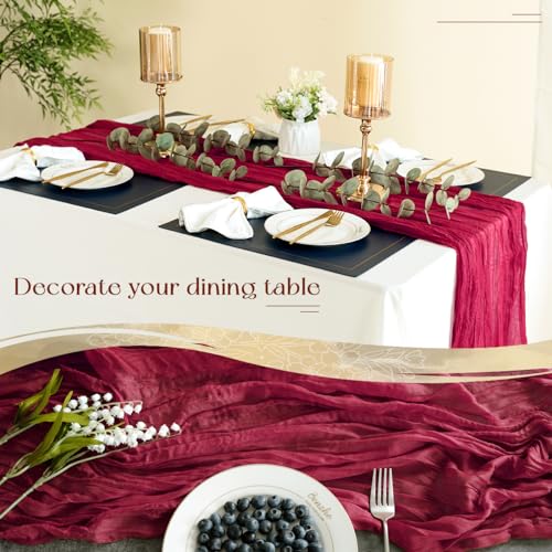 Sioloc Burgundy Red Cheesecloth Table Runner 10 Pack - Fall Holiday Decor, 35x120 inches