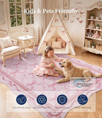 Pink Bow Area Rug for Girls - 8x10 Washable Floral Scalloped Rug - Pink / 8' x 10'