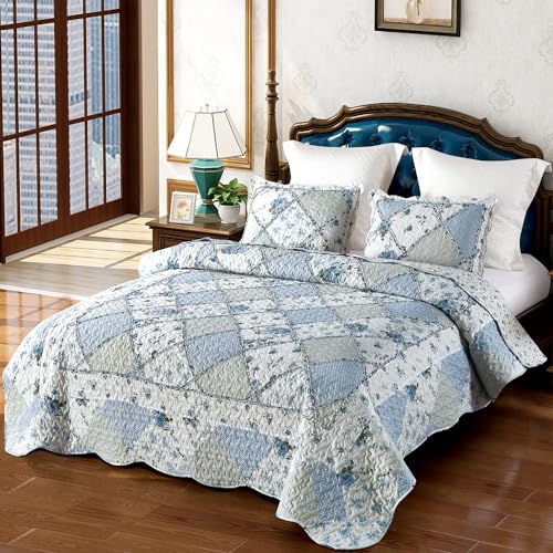 Oversized King Quilt Set Blue Floral Patchwork Alaska King Bedspread - VIVILINEN