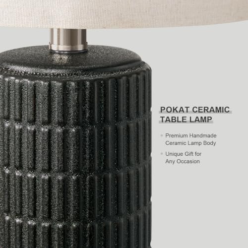 PoKat 21'' Matte Black Ceramic Table Lamp with Linen Shade - Modern Bedroom Decor
