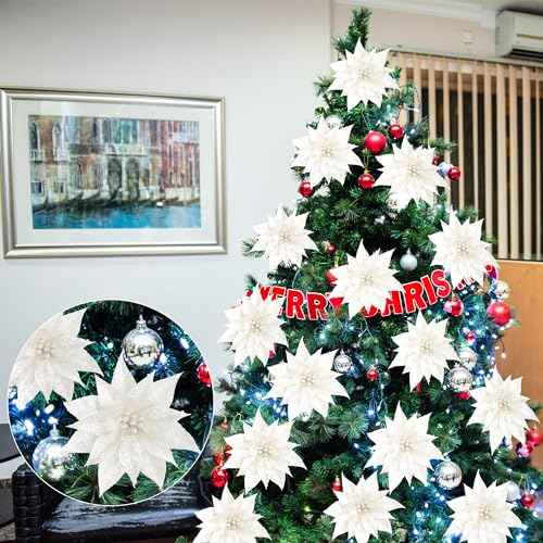 Sggvecsy 15 Pcs Christmas Glitter Flowers Christmas Tree Ornaments Shining Artificial Poinsettia Christmas Flowers Decoration with Clips for Xmas Holiday Wedding Wreath Party Floral Decorations(White)