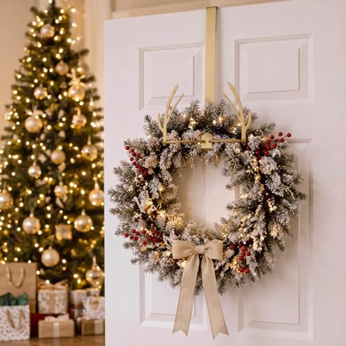 12 Inch Metal Christmas Wreath Hanger with Rustic Antler Design for Front Door