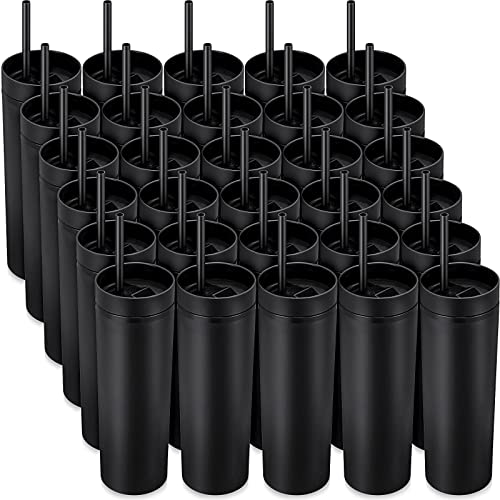 Potchen 16 oz Black Skinny Tumblers Bulk Set with Lids & Straws - 30 Pack