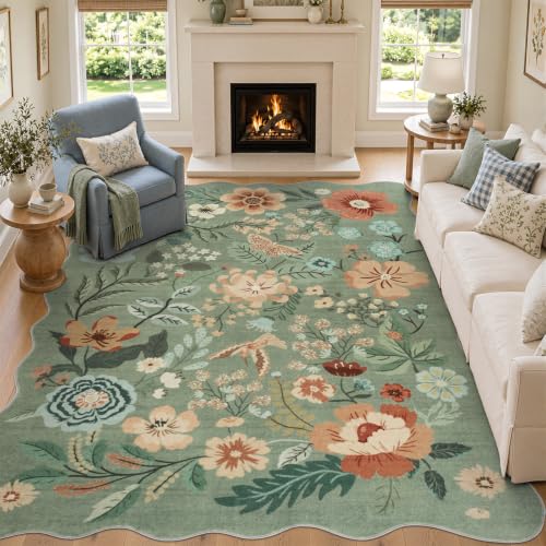 DCX 5x7 Sage Green Floral Washable Area Rug with Non-Slip Backing
