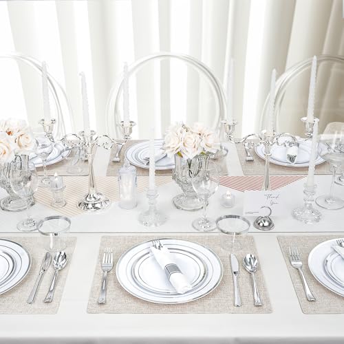 realluck 350 PCS White and Silver Plastic Dinnerware Set for 50