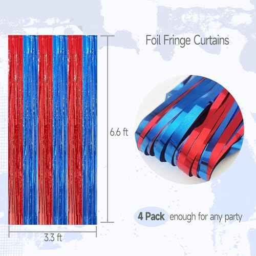 4 Pack Red and Blue Foil Fringe Curtains Photo Booth Prop Tinsel Streamer Backdrops, Birthday Party Decorations Graduation Bachelorette Bridal Wedding Baby Shower Party Supplies, 3.3x6.6 ft