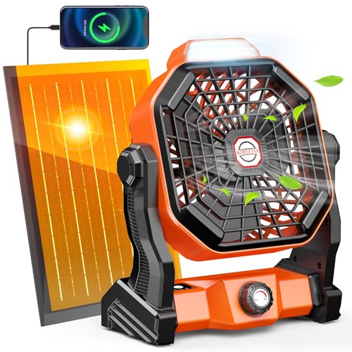 Orange Solar Powered Fan with 12-40H Runtime and LED Lantern – 8-Inch Portable Camping Fan