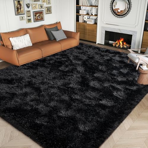8x10 Black Shag Area Rug - Fluffy Washable Living Room Carpet with Non-Slip Backing