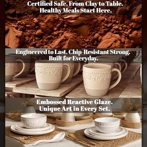 Artena 16-Piece Dinnerware Set with Embossed Patterns and Spoons - White, Multiple Patterns