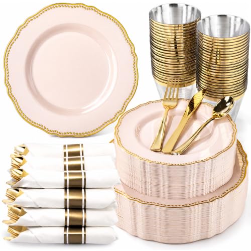 Pink and Gold Disposable Plates Set for Wedding & Party - 50 Guests - Variation of THIS listing