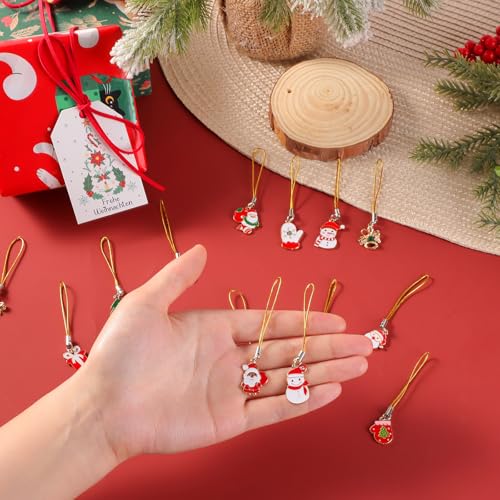 48 PCS Mini Christmas Ornaments Small Tree Decorations Christmas Charms for Jewelry Making with Gold Rope for Xmas Craft Hanging Decor