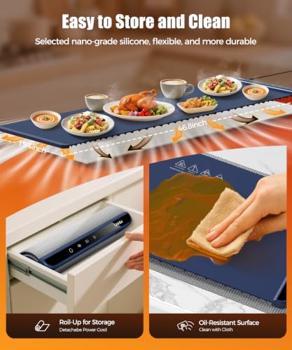 LNNIW Extra Large Food Warming Mat 46x15 Inch Dark Blue Fast Heat Child Lock