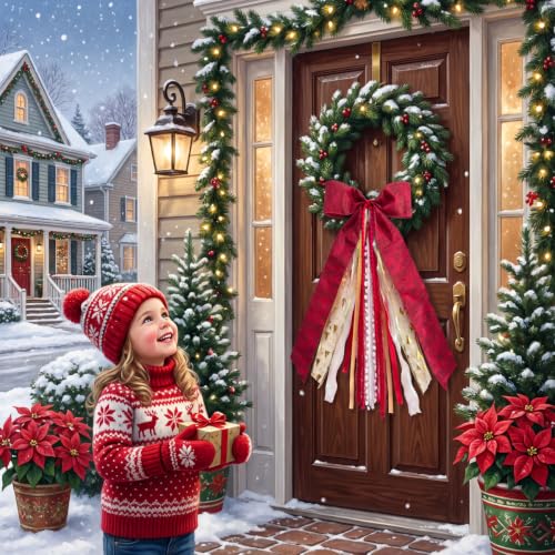 Christmas Red 3 Sash Bow for Wreaths and Decorations 12x25.6 inches - 8 Layers