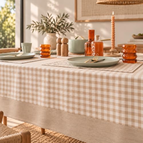 Monday Moose Beige Gingham 60x120 in Stonewashed Cotton Tablecloth – Rectangular Picnic/Dining
