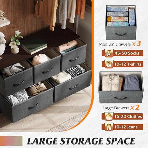 Dark Grey Wide Dresser with 5 Drawers - Bedroom Storage Chest, 39.37" Wide