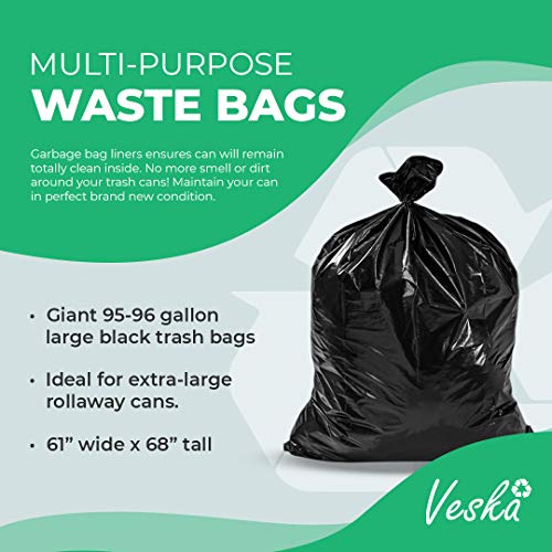 Veska Heavy Duty 95-96 Gallon Trash Bags Pack of 50 with Ties - Large Black Garbage Liners