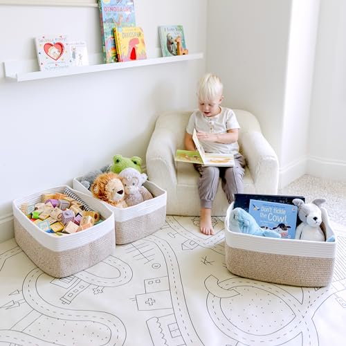NaturalCozy 16.8 x 13 x 7.6 Inch Cotton Rope Storage Baskets 3-Pack Off White & Mixed Brown
