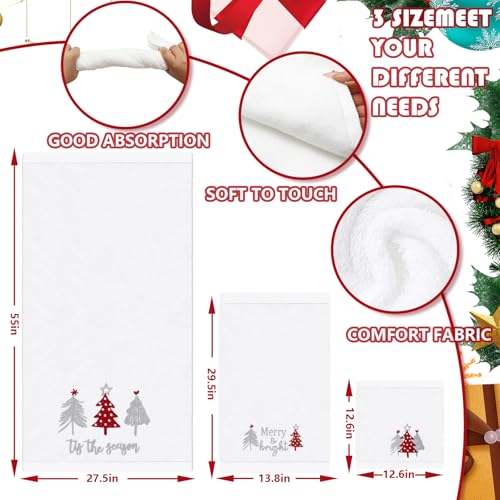 Red Christmas Bathroom Towels Set of 3 - Embroidered Cotton Holiday Hand & Face Towels