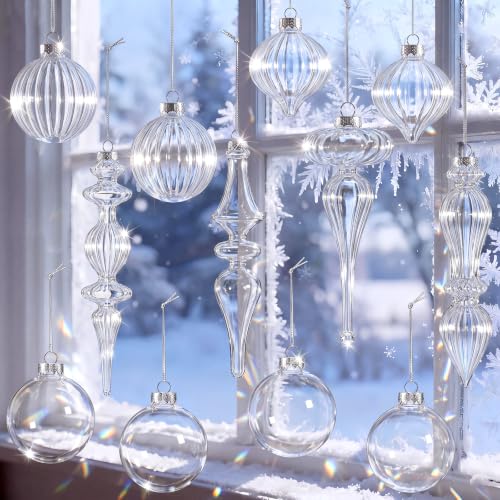 Soulchen 12 Pcs Mercury Glass Christmas Ornaments, Clear & Mixed Shapes (12 Pieces)