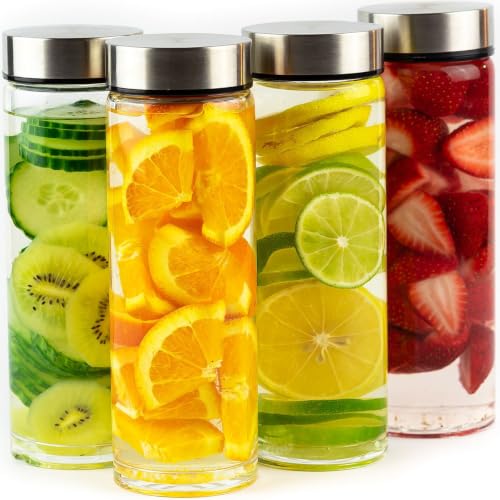 All About Juicing 16oz Wide Mouth Glass Water Bottles with Stainless Steel Lids — Pack of 4