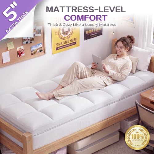 SINWEEK Dual Layer Twin XL Mattress Topper White - 4 Inch Dorm Bed Pad
