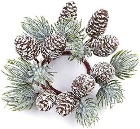 Skiennix Artificial Pine & Pinecone Candle Rings - Pack of 6 Faux Snowy Pine Decor